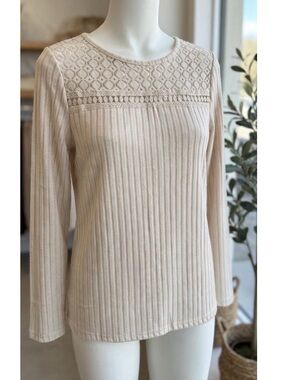 Lillestory Lace Yoke Ribbed Long Sleeve Top - Cream NWT